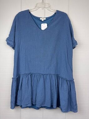 Umgee Tiered Blue Mini Dress Raw Edge V-neck Lightweight Cotton Boho Cottagecore